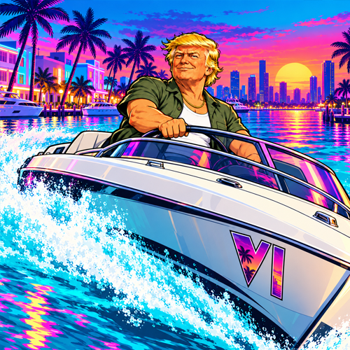 Trump driving a speedboat along the neon waterfront