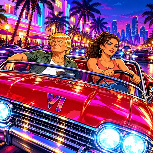 Trump and Lucia in a red convertible on a palm-lined street at night