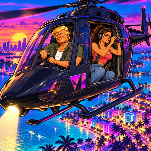 Trump flying a helicopter while Lucia looks out over the coast