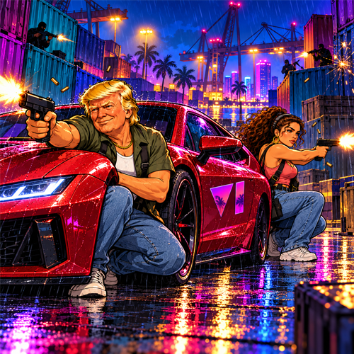 Trump and Lucia beside a red sports car at a rainy dock at night