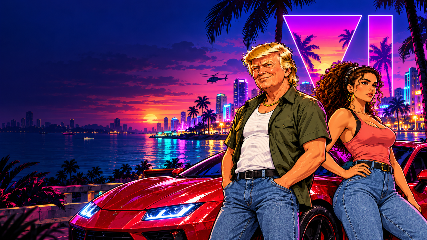 Trump and Lucia with a red sports car on the waterfront at sunset